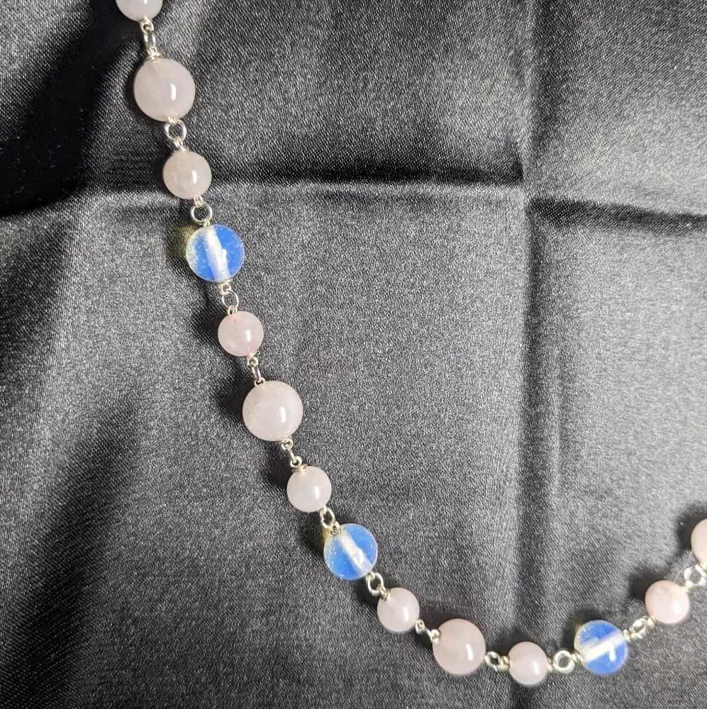 Moonstone Rose Quartz Crystal Necklace Handmade Artisan Silver Unique Natural - Picture 3 of 10